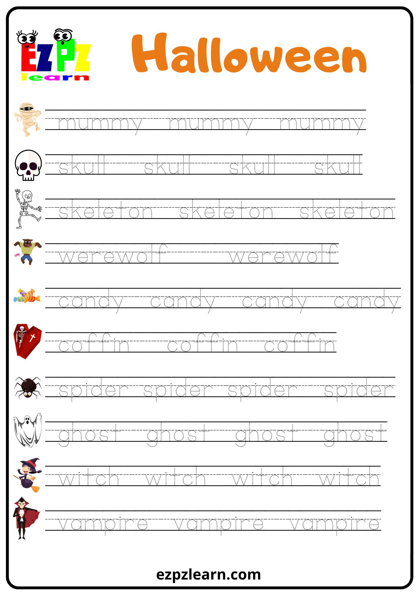 Halloween Word Tracing Worksheet for English Language Learners, Kindergarten and Preschool Students